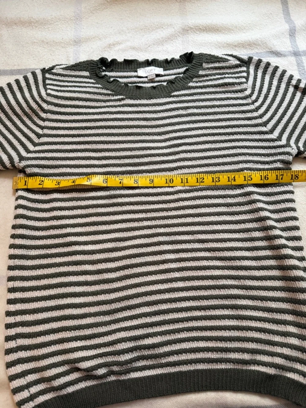 LOFT Striped Short Sleeve Knit Top in Olive and Cream